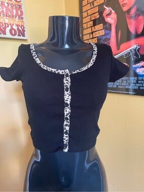 Brandy Melville Black Button Up Crop Short Sleeve with Leopard Print Trim Detail